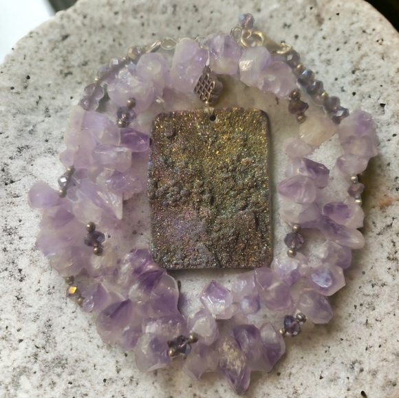 Artistic Amethyst Purple Clear Crystal Necklace Druzy Pyrite Agate Pendant - Picture 2 of 6